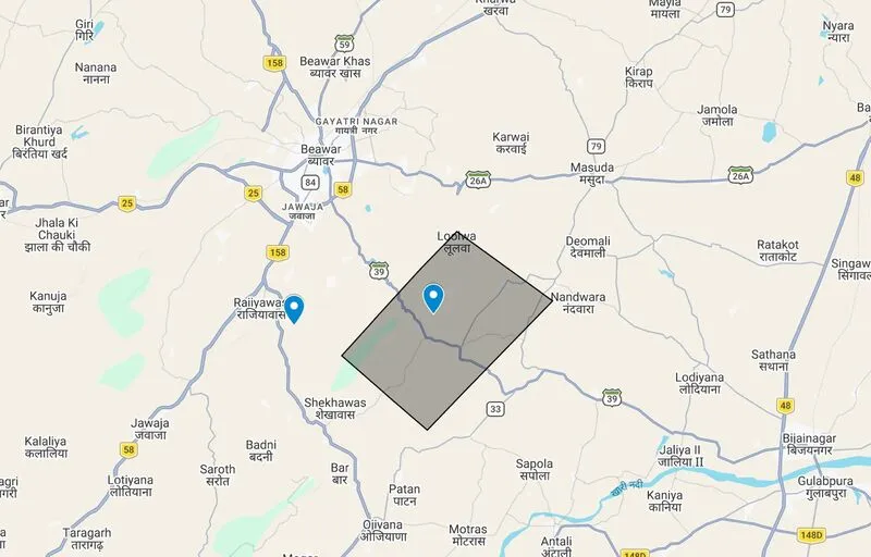 Highlighted quarrying area of Blue Dunes Granite near Beawar city in Ajmer district, Rajasthan, India.