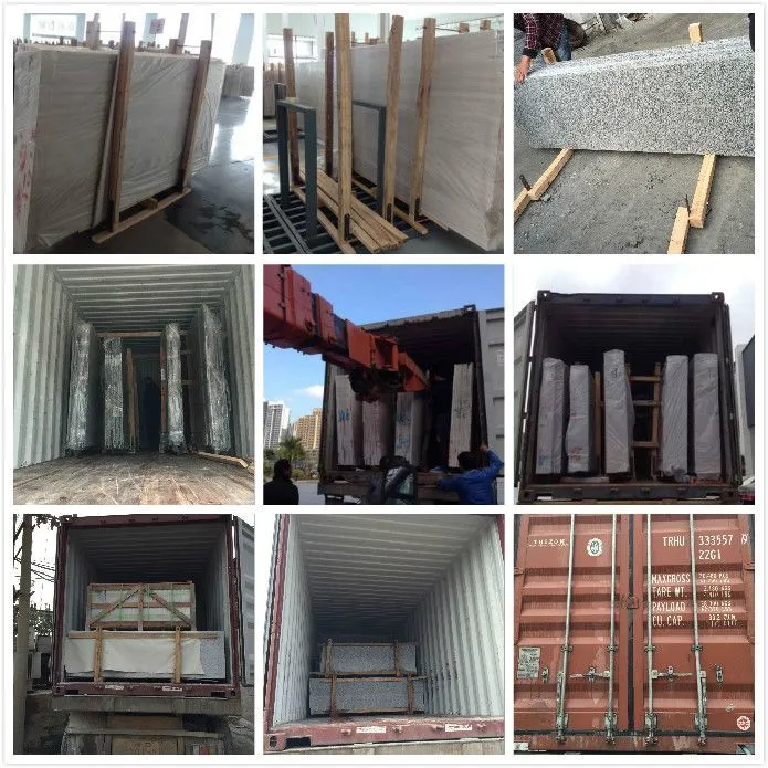 Granite slabs packed and loaded in shipping containers using wooden A-frames and crates, illustrating secure packaging methods for granite export.
