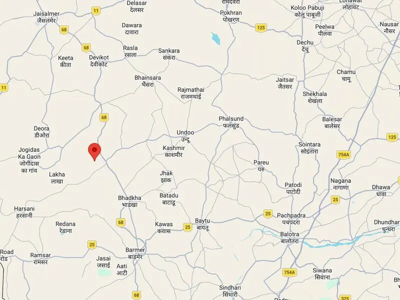 Map of Barmer and Jaisalmer districts with Lakha village marked, the source of Lakha Red granite.