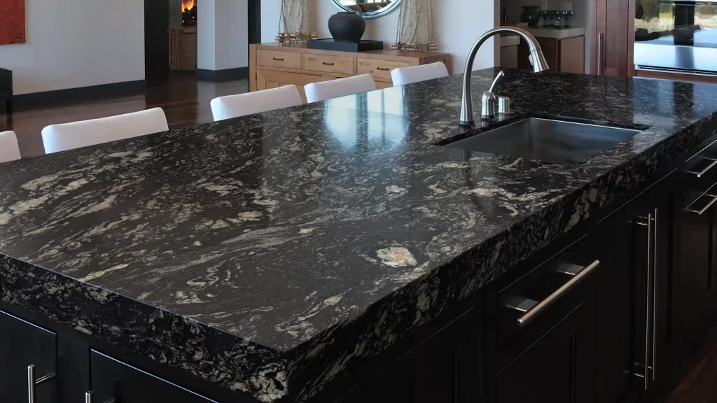 Black Granite India - Polished grantie slabs on countertop